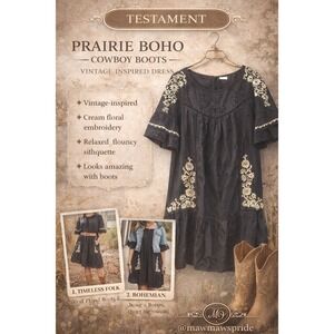 Testament Black Swiss Dot Prairie Boho Floral Embroidered Dress L/XL